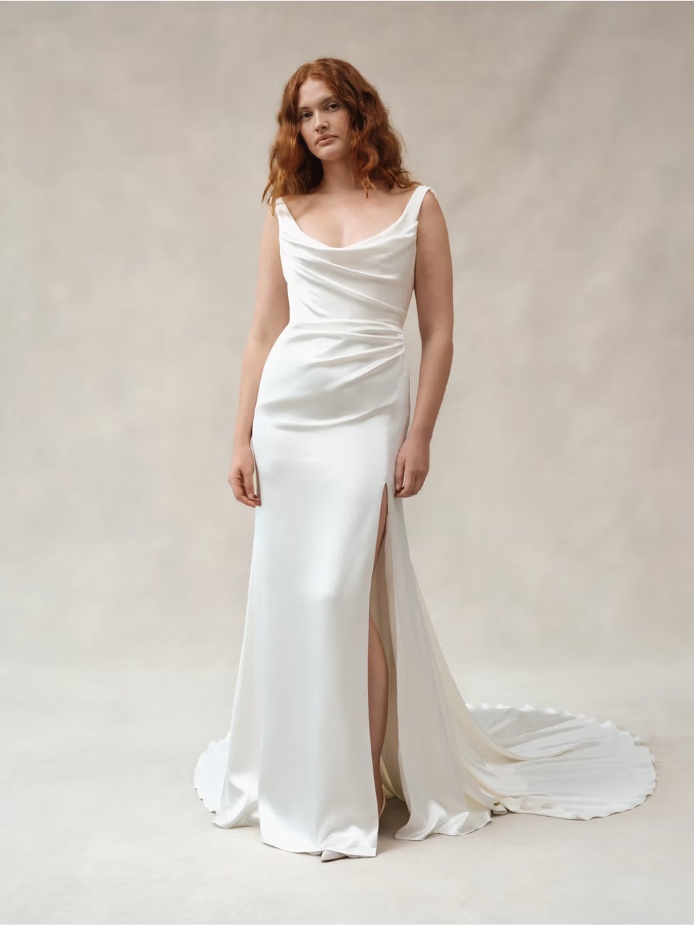 Satin Cowl Neck Bridal Gown in White with Side Slit